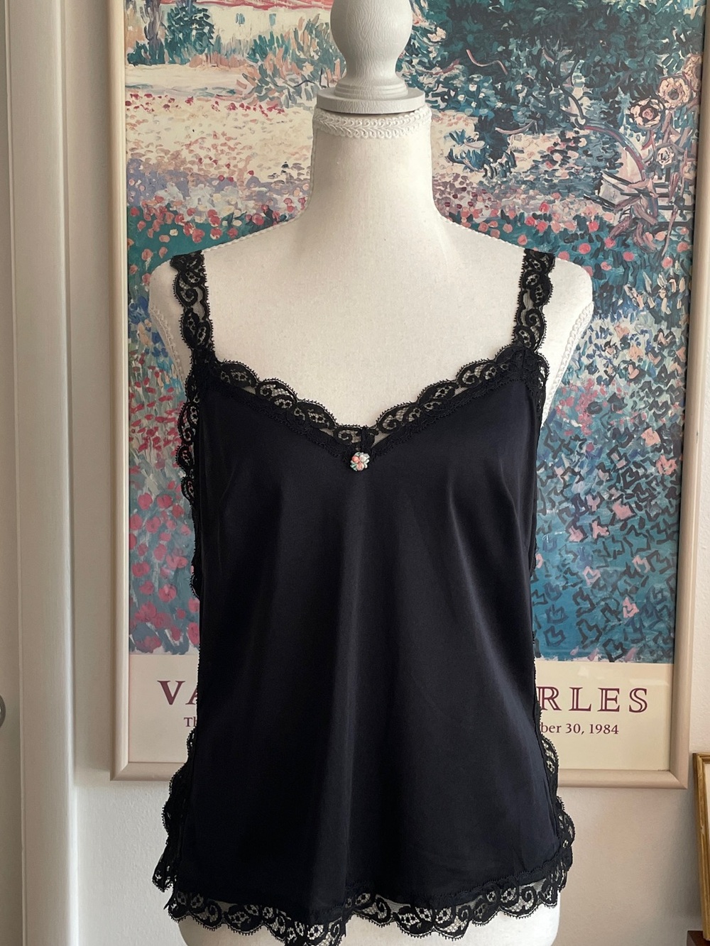 Olga Vintage 70s Black Lace Trim Cami Top Large V-Neck Coquette Lingerie Boudoir
